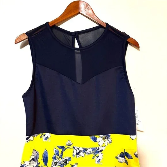 NWT Y2K Navy & Yellow Floral Skater Dress By City Triangle RN#75010 Size 13 - Picture 2 of 6